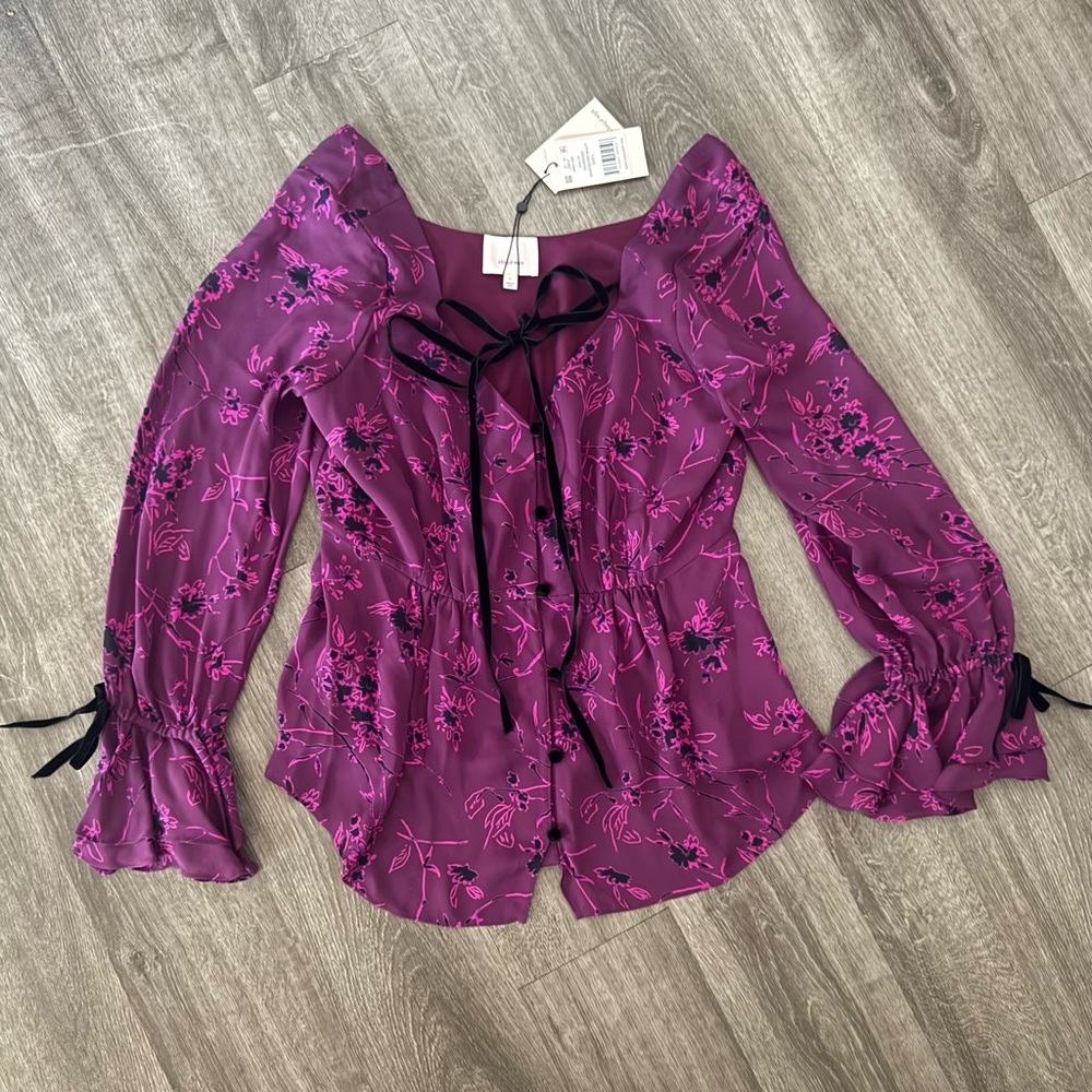 Cinq a Sept Mabel Floral Print Silk Top In Raspberry Multi - Picture 4 of 9